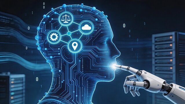 Robot hand touching digital human head with circuit board brain icons representing AI artificial intelligence cloud computing location gear law for future tech innovation concept