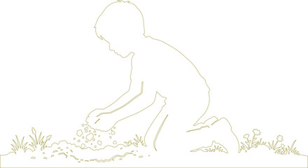 Fototapeta premium Child playing in dirt, young boy planting seeds, gardening activity, kids outdoor play, nature exploration, childhood development, vector illustration isolated on White Background