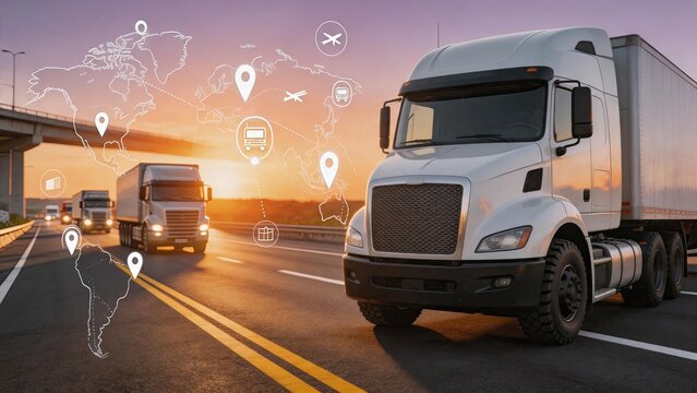 Semi truck driving on highway at sunset with global logistics map overlay, international freight transport and supply chain delivery service concept illustration.