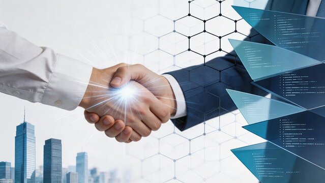 Two businessmen shaking hands with glowing light effect and digital hexagon overlay, signifying successful partnership, agreement and corporate collaboration in city.