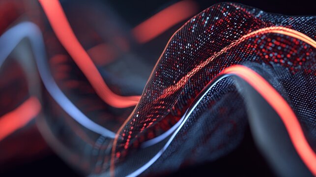 Fluorescent light trails flow across a textured digital surface in abstract motion