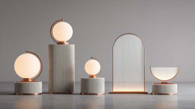 Collection of modern illuminated display objects featuring spherical and arched forms on textured pedestals