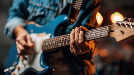 Fototapeta premium Close-up of Musician's Hands Playing a Blue Electric Guitar on Stage with Blurred Lights