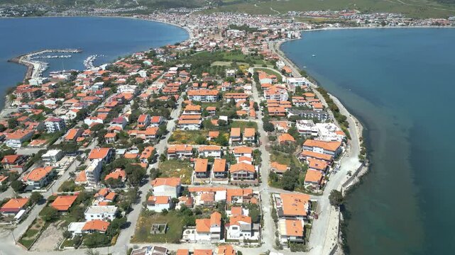 Aerial View of Candarli Peninsula and Coastal Town with Turquoise Aegean Sea, Izmir, Turkey. High quality 4k footage