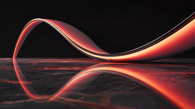 Sleek, glowing three dimensional ribbon structure arches dramatically over a reflective dark surface