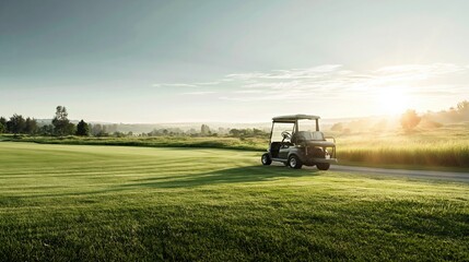 Fototapeta premium Golf cart driving on a sunny fairway at sunrise on a green golf course with distant trees