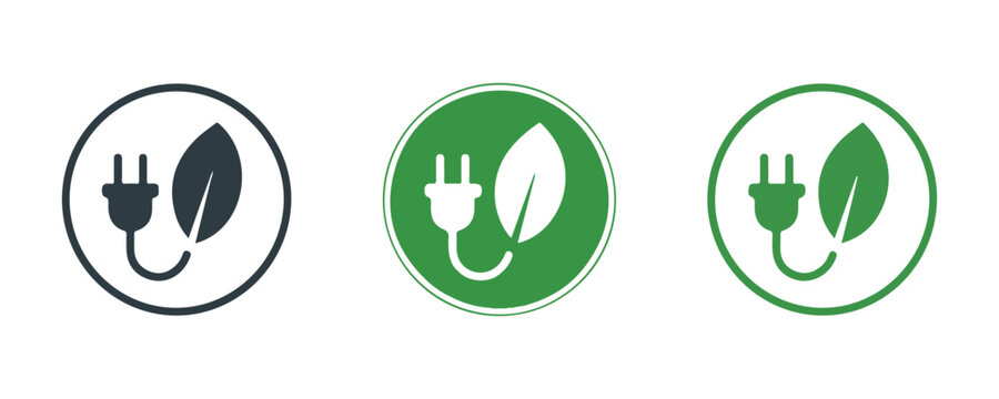 Three circular icons with green leaf and electrical plug symbolizing eco friendly energy and sustainability.