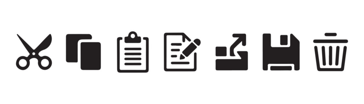 Digital file management tools set featuring cut copy paste edit share save and trash bin action icons.
