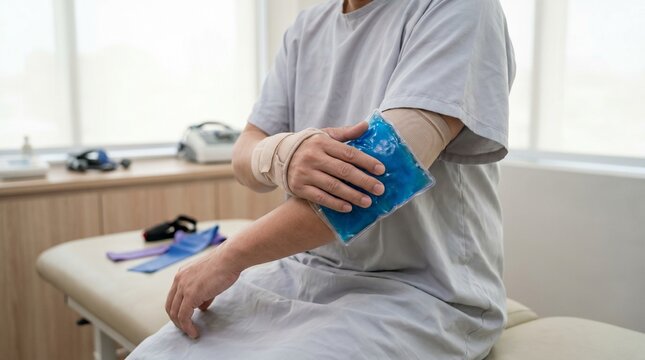Patient applying ice pack on elbow injury for pain relief in clinic