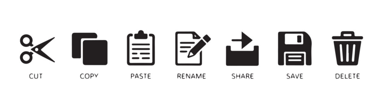 Graphic set of common computer interface actions like cut copy paste rename share save and delete data.