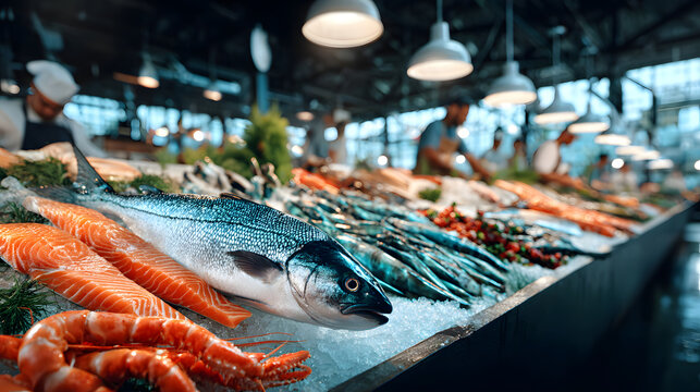 Fresh whole salmon on crushed ice with fillet slices and shrimp in busy indoor fish market, colorful display and vendors arranging seafood with hanging lights