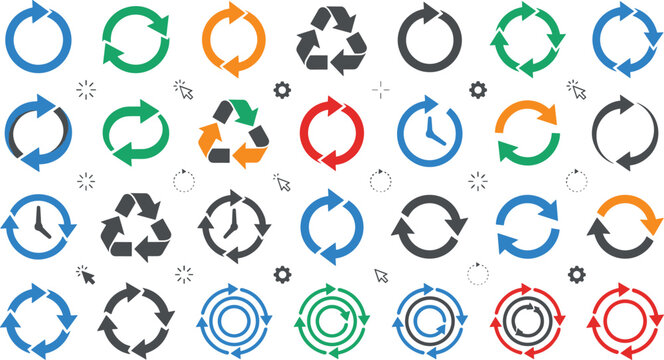 Circular Arrow Icon Collection Featuring Recycling, Synchronization, Loading, and Process Flow Symbols in Colorful Stylized Vector Designs