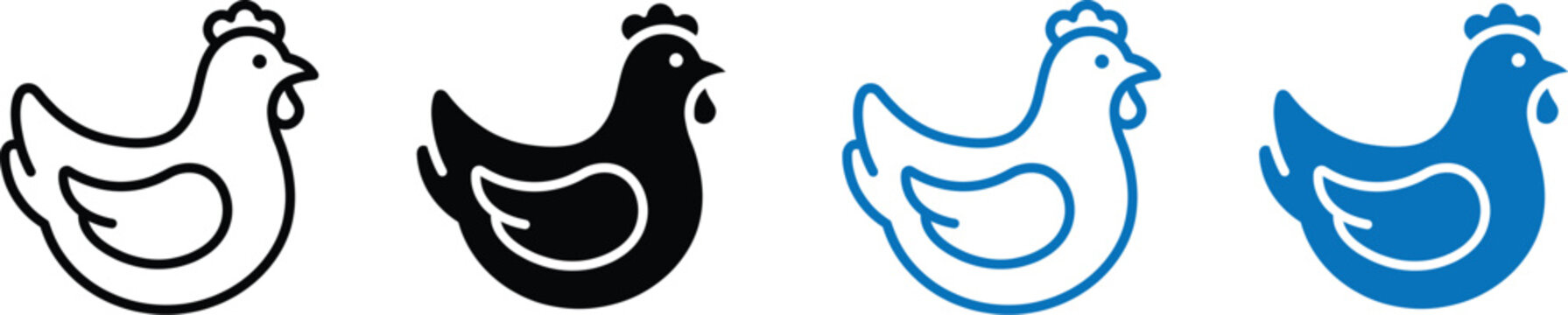 Minimalist chicken icon set in black and blue outline and solid fill variations for graphic design