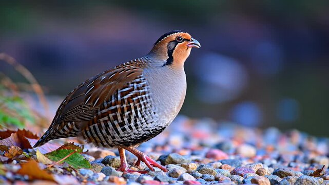 Partridge in natural habitat with detailed plumage side view portrait
