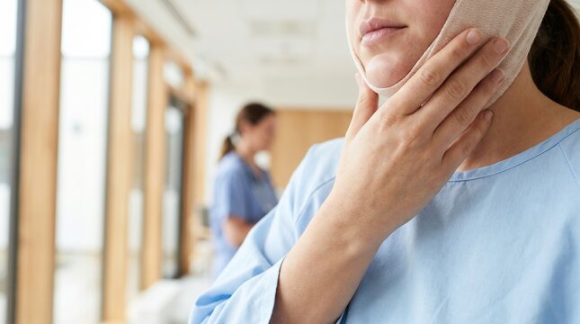 Patient with bandaged jaw recovering after oral surgery in hospital ward