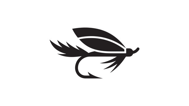 Fly fishing lure hook silhouette icon with feathered tail and barb vector illustration