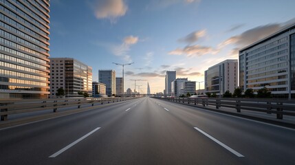 Fototapeta premium Modern Cityscape Highway Leading Towards Downtown Skyline During Golden Hour Sunset