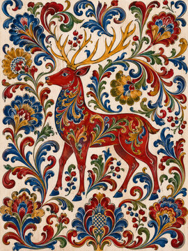 Traditional Swedish Kurbits Stag Art Print, Flat Dalecarlian Folk Painting on Wood for Scandinavian Cottagecore Decor
