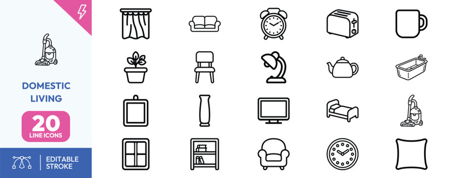 Domestic Living icon set. Containing house, furniture, kitchenware, home decor, and more. Editable stroke. Vector illustration.