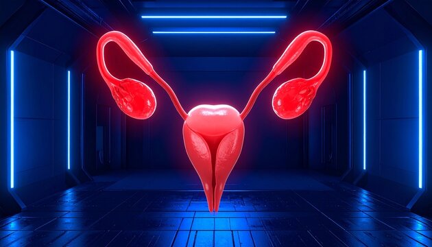 Digital illustration of female reproductive system, glowing red uterus, fallopian tubes, and ovaries against futuristic blue background, symbolizing anatomy, medical visualization, and education.
