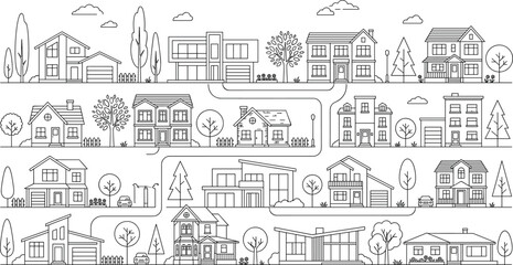 Naklejka premium City House and Neighborhood Line Art Vector Set Featuring Residential Buildings, Trees, Roads, and Urban Street Elements for Websites, Apps, and Digital Designs