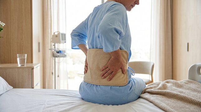 Senior patient using heating pad for lower back pain relief in hospital