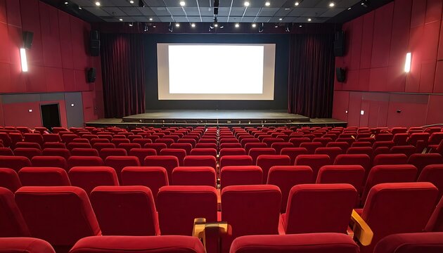 A cinematic auditorium with rows of red seats facing a large screen