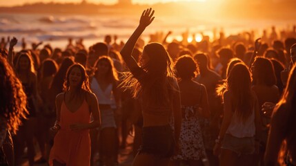 Fototapeta premium Vibrant sunset beach party with silhouetted joyful crowd dancing and celebrating during golden hour