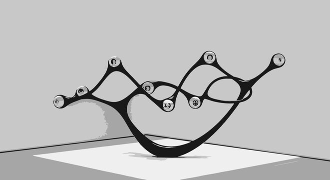 Black metal sculpture with spheres.