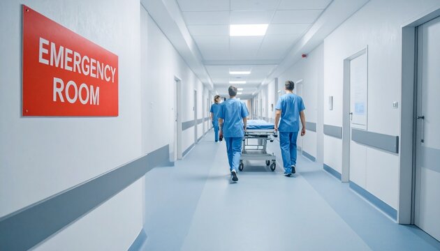 Hospital corridor emergency room with doctors pushing stretcher