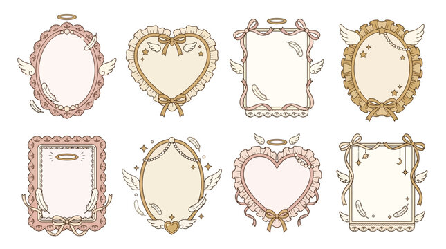 Collection of cute, decorative frames with angelic and whimsical elements like feathers and halos.