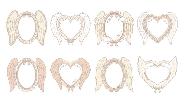 Collection of decorative oval and heart-shaped frames with angel wings and lace details.