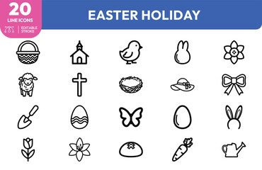 Naklejka premium Easter Holiday icon set. Containing basket, church, chick, bunny, flower, and more. Editable stroke. Vector illustration.