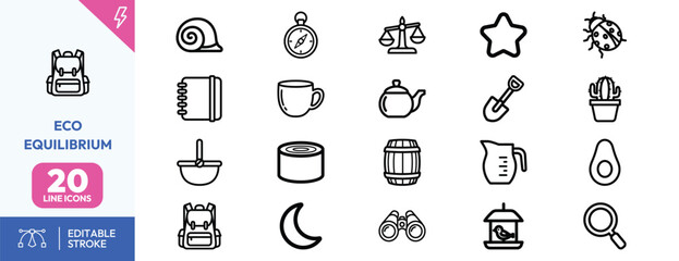 Eco Equilibrium icon set. Containing backpack, snail, scale, cup, shovel, and more. Editable stroke. Vector illustration. © Deezora