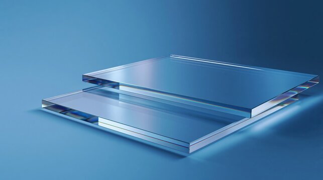 Two clear acrylic sheets stacked on a blue background, representing transparency and material science