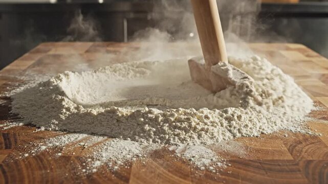 Chef using a wooden meat mallet to carve a well into a mound of flour on a wooden kitchen cutting board