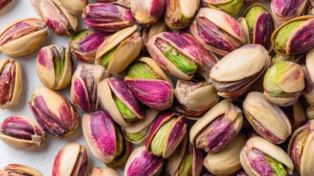 Close up view reveals a pile of partially opened pistachio nuts with colorful kernels