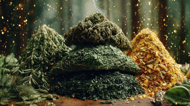 Assortment of dried herbs and spices arranged artistically in conical piles with ethereal lighting effects