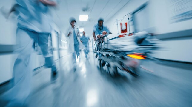 Urgent medical emergency in hospital corridor with healthcare professionals rushing a patient on a stretcher