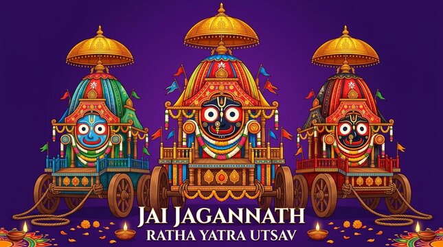 Bright decorated wooden chariot with mandala halo for indian rath yatra festival celebration graphic poster design