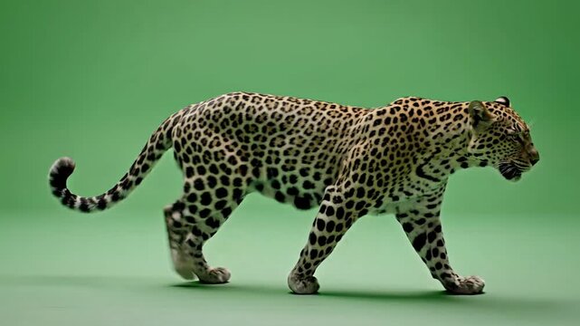 Leopard, walking leopard, spotted feline, green background, animal photography 4k Video