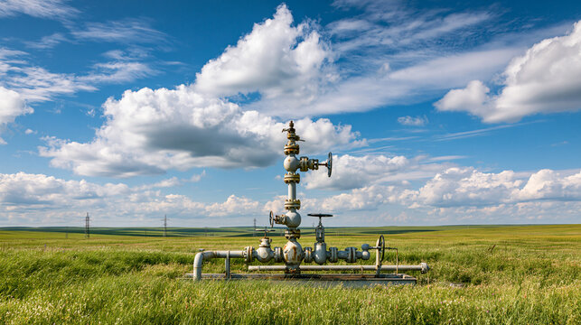 Oil wellhead stands in the middle of a green field under a bright and cloudy blue sky.