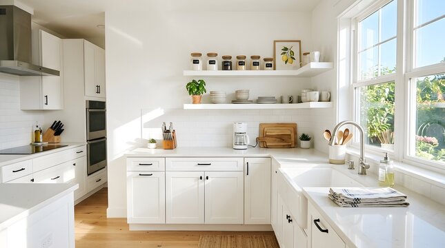 Modern White Kitchen Interior with Farmhouse Sink and Open Shelves