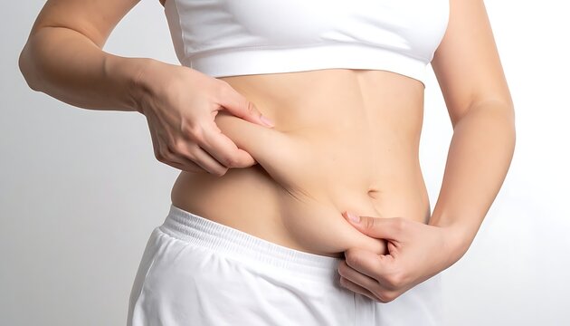 Woman pinching excess belly fat.
