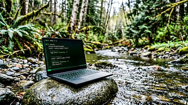 Remote Work Laptop in Nature, Digital Nomad Coding Outdoors, Forest Stream Programming