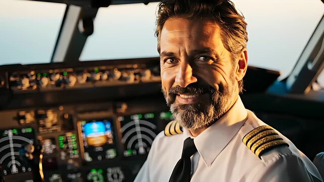 Mature male pilot in uniform smiling inside an airplane cockpit. Professional captain sitting at the flight controls. Aviation career concept, ideal for commercial transportation marketing.