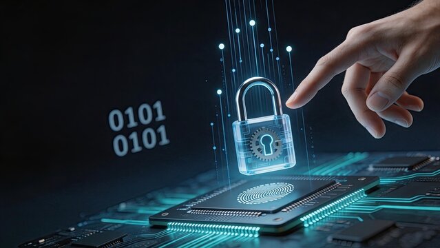 Futuristic transparent padlock with gears hovering over a computer chip, symbolizing hardware security, encryption algorithms, binary code processing, and high-tech digital