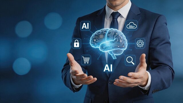 Artificial intelligence brain concept with circuit board texture, business man holding virtual AI icons and cloud computing symbols