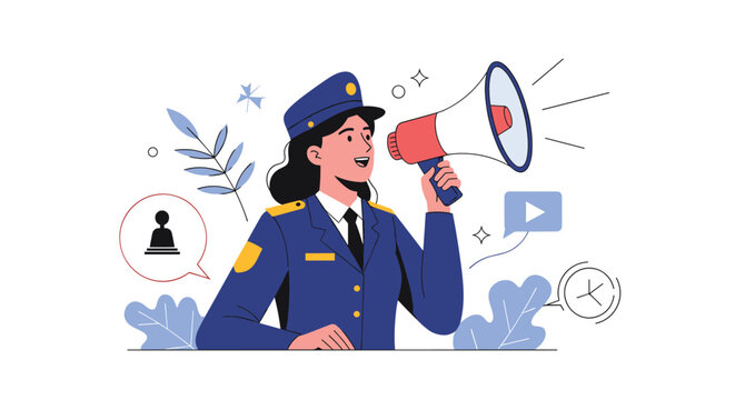 Female police officer in a blue uniform and cap uses a red and white megaphone to communicate an important public message.