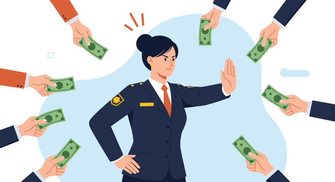 Honest policewoman in uniform making a stop gesture and refusing multiple hands offering money as bribes to uphold justice and integrity.